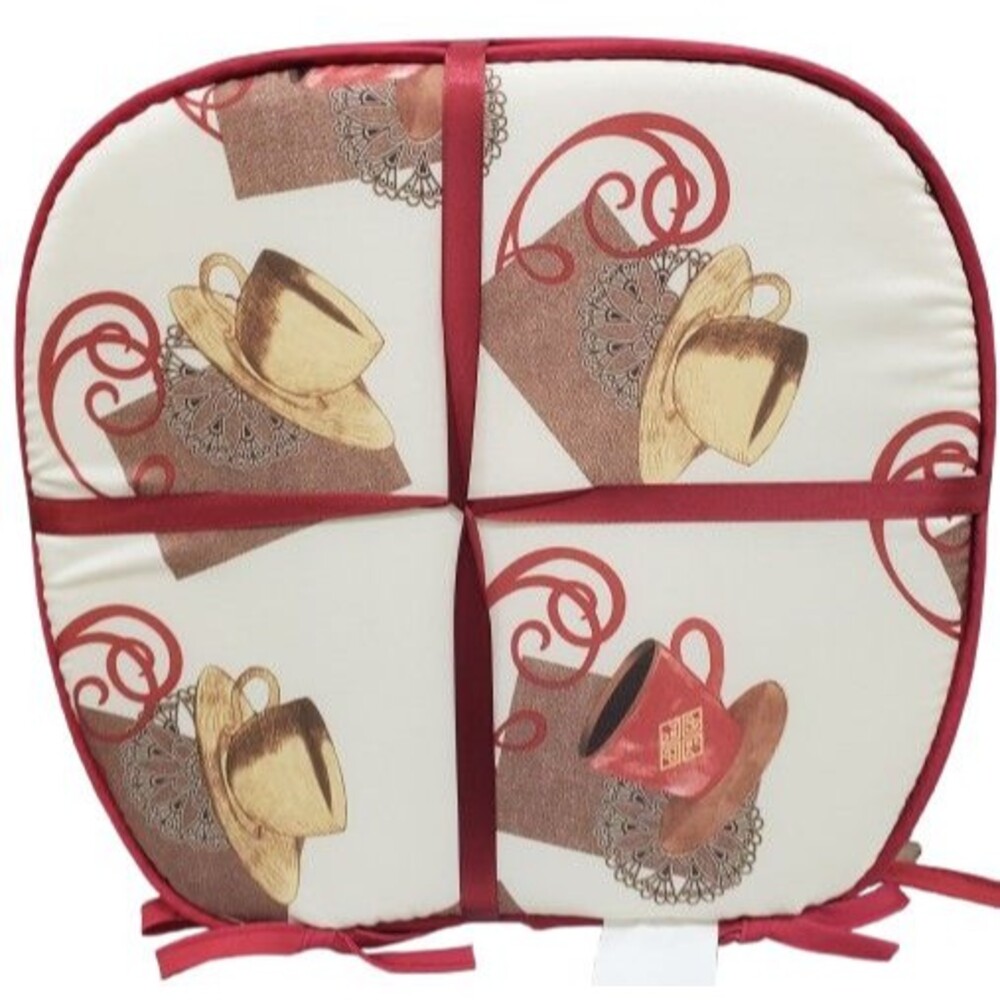 Set of 4 Cushion Chair Pads with red ties (15"x15") GOLD & RED COFFEE CUPS, BH